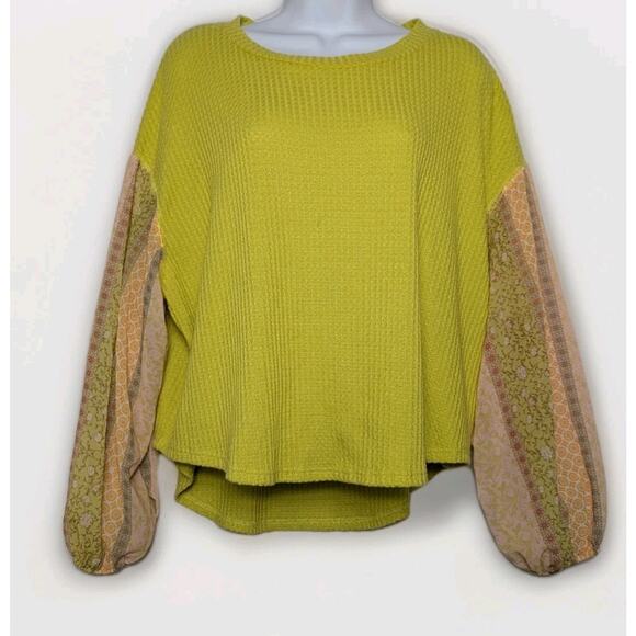 Blu Pepper Tops - Blu Pepper Pea Green Waffle Knit Sheer Pattern Balloon Sleeve Lagenlook Blouse S